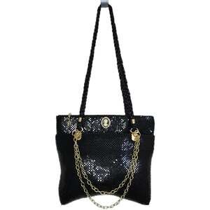 Vintage Black Metallic Mesh Shoulder Bag with Cameo Brooch & Gold Chain